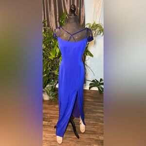 VINTAGE Navy Blue beaded formal prom ball dress Y2K formal slit sexy